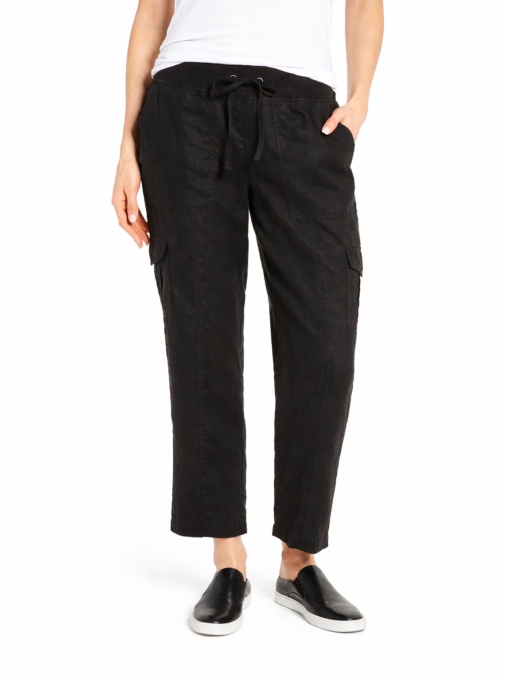 Eileen Fisher PL Organic 100% Linen 0416 Cargo Pants black straight petite short